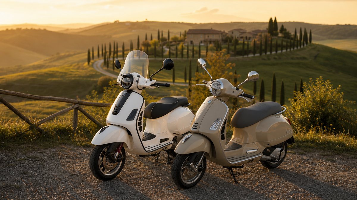 Zwei Vespas vor einer toskanischen Hügellandschaft